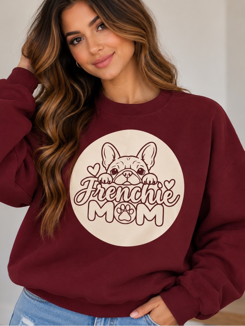 Gildan Burgundy Crewneck Sweatshirt with Cream Frenchie Mom Graphic